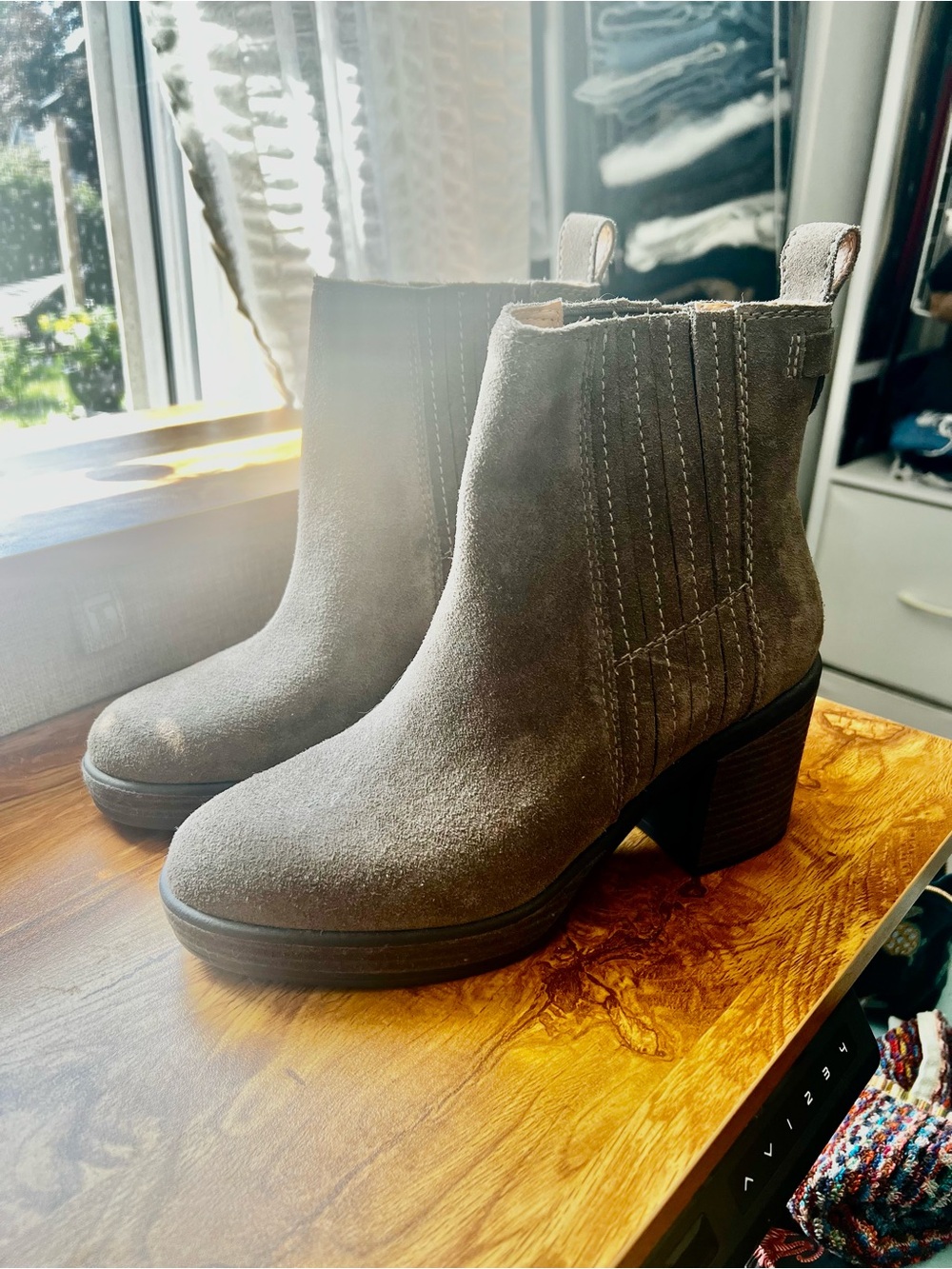 Crown Vintage Taupe Suede Chelsea Block Heel Booties